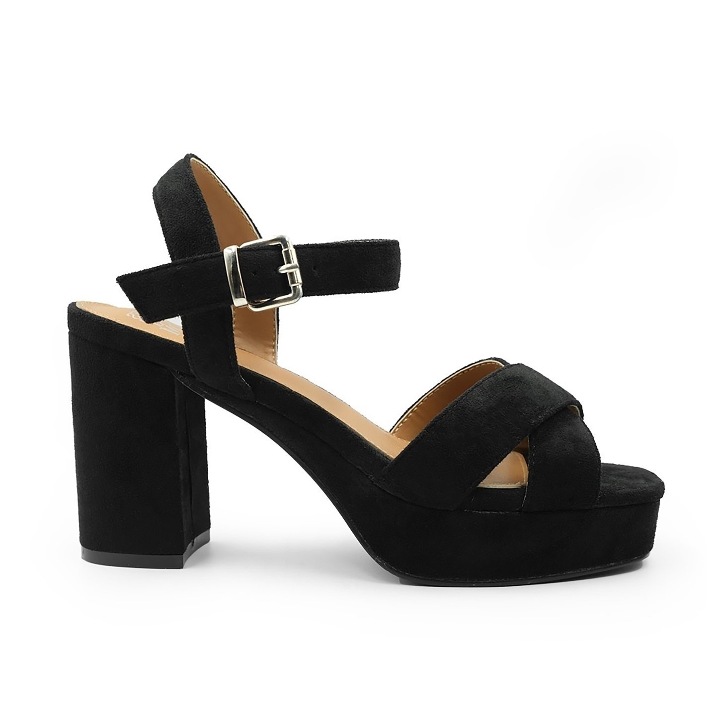 Black suede low block Heels