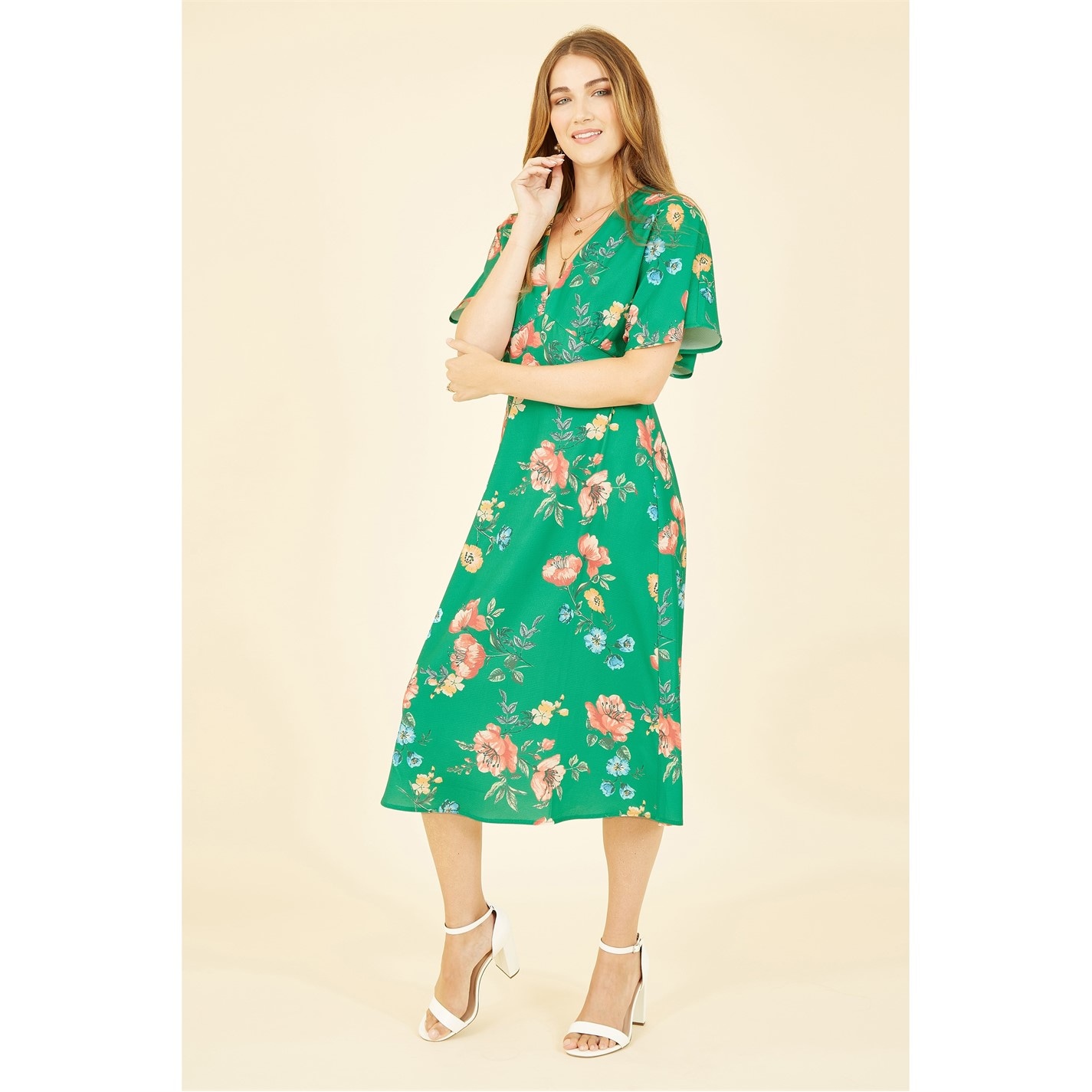 Yumi | Green Floral Kimono Midi Dress | Green | FRASERS Ireland