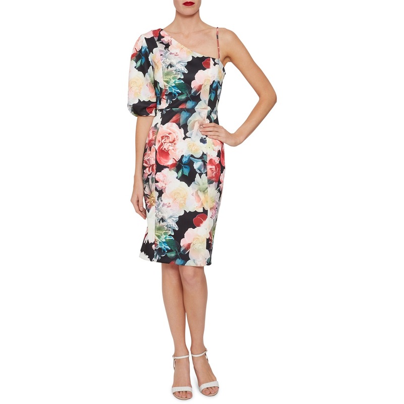 Gina Bacconi Abito Da Cocktail Samanda In Georgette Floreale Rosso E Pesca - Vestito Donna Con Cappuccio