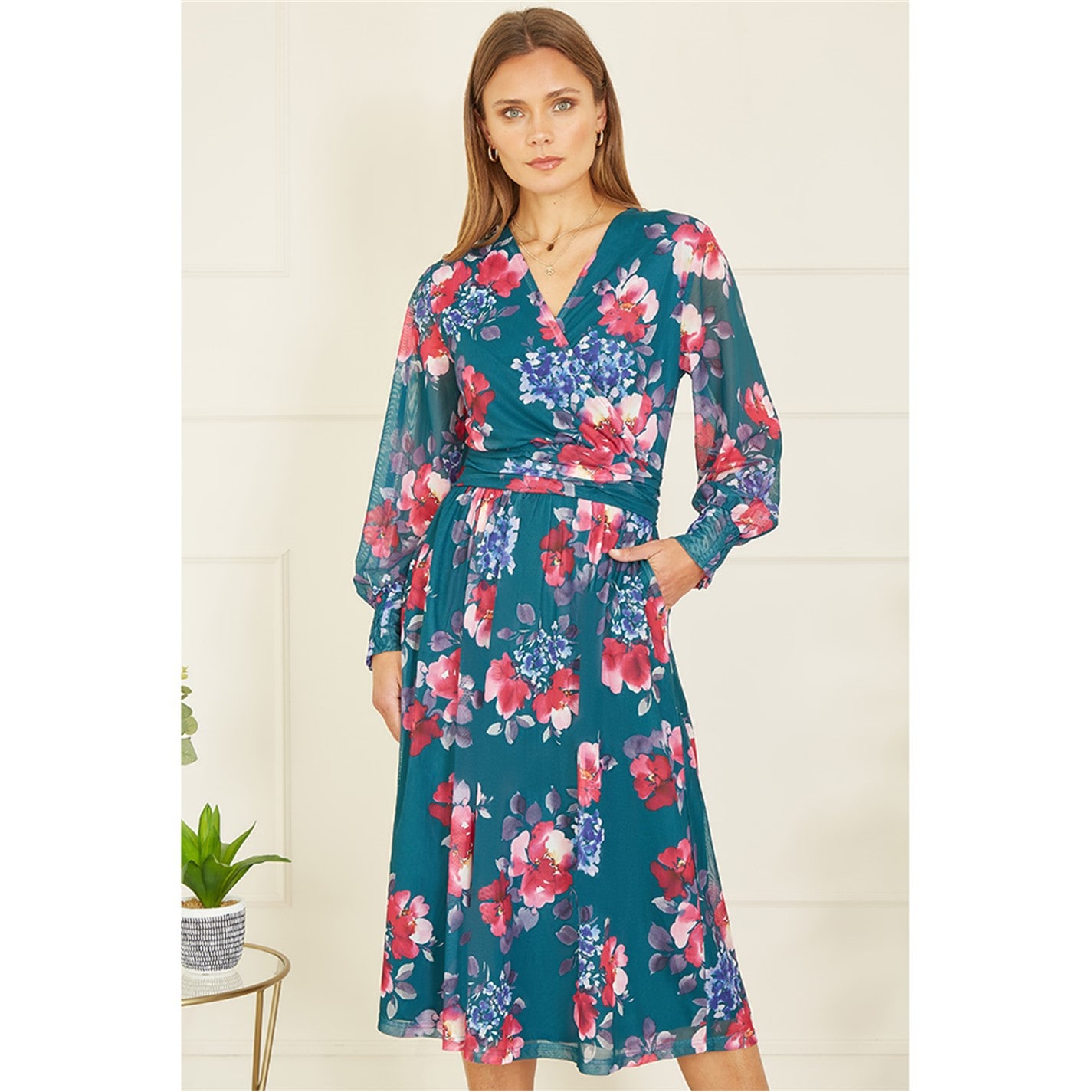Yumi | Green Floral Print Stretch Mesh Dress | Green | FRASERS Ireland