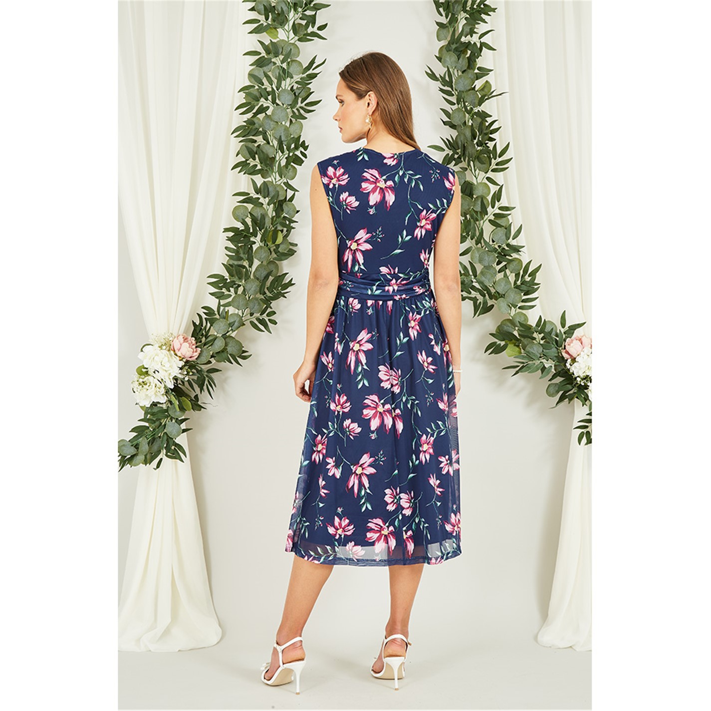 knee length dresses for ladies Cap Sleeve Skater High Low Midi Dress - Navy Blue