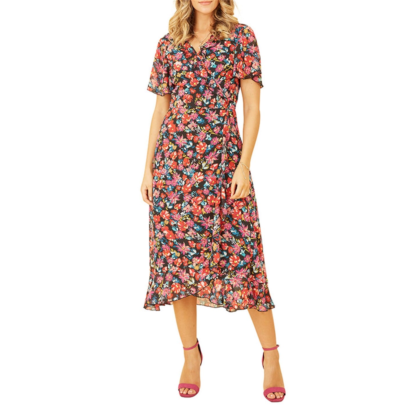 Yumi | Yumi Black Floral Wrap Midi Dress | Wrap Dresses | FRASERS