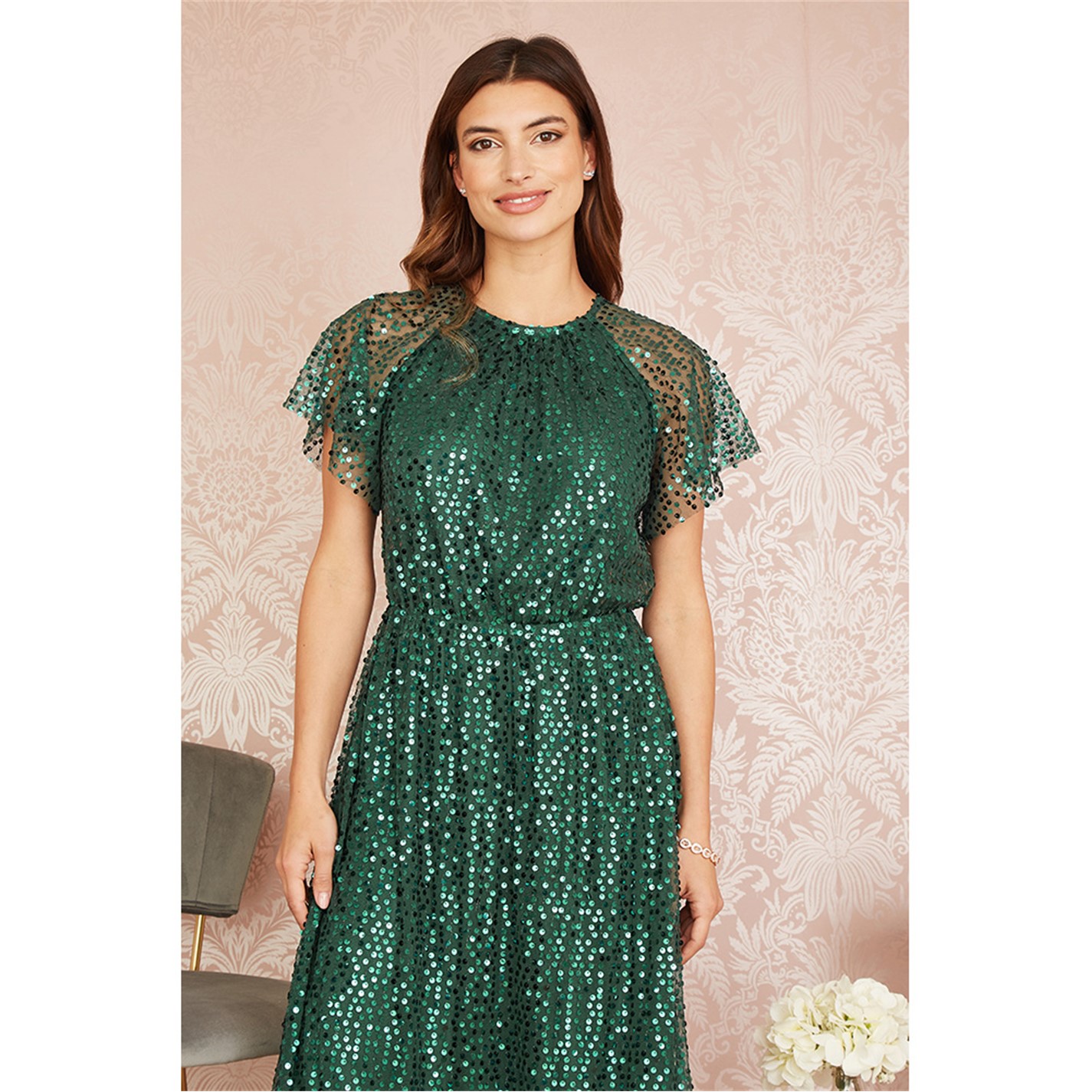 Yumi | Women's Green Sequin Angel Sleeve Midi Smock Dress | Green | FRASERS  Ireland
