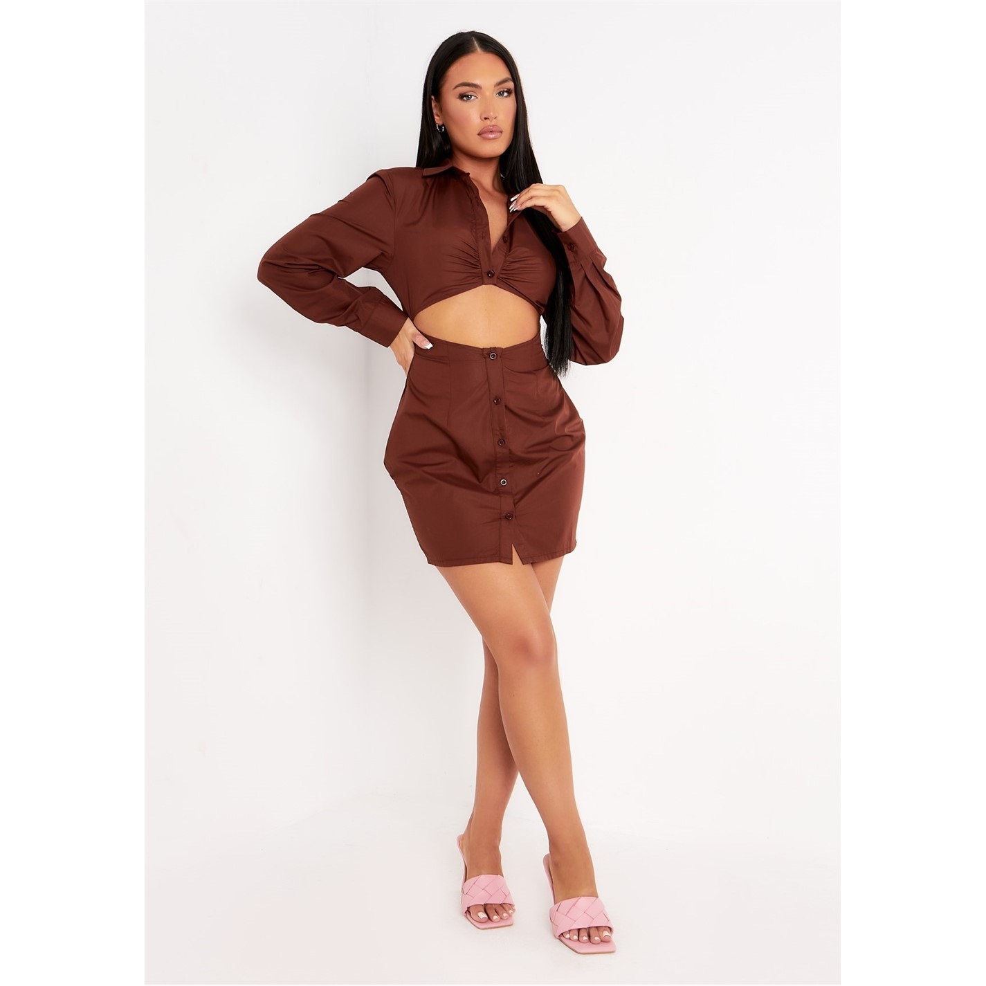 Missy Empire | Cut-out Detail Mini Fitted Shirt Dress | Chocolate | FRASERS Ireland Missy Empire | Cut-out Detail Mini Fitted Shirt Dress | Chocolate | FRASERS Ireland