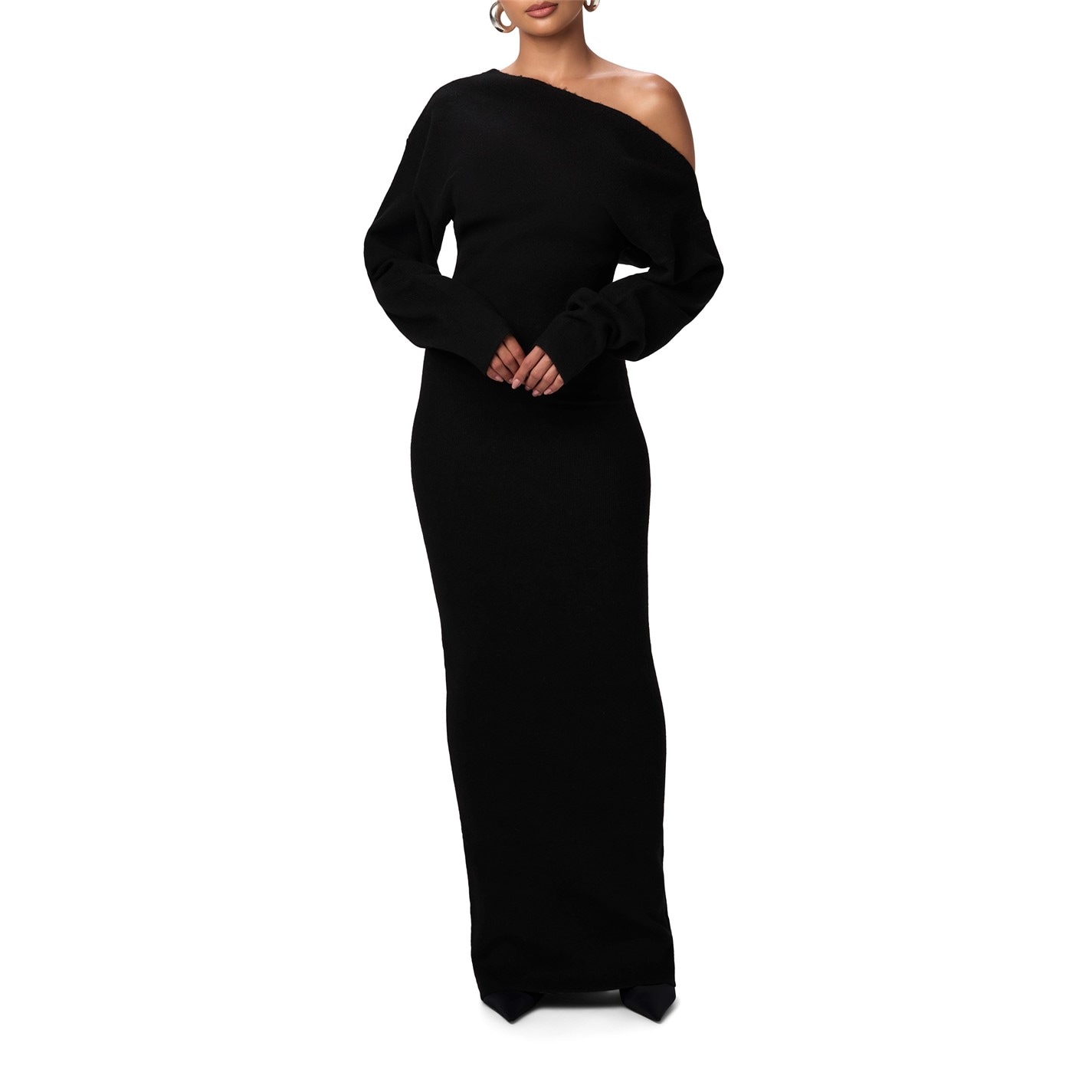 knit off shoulder sweater maxi dress nakd Sandrine Off Shoulder Knit Maxi Dress - White