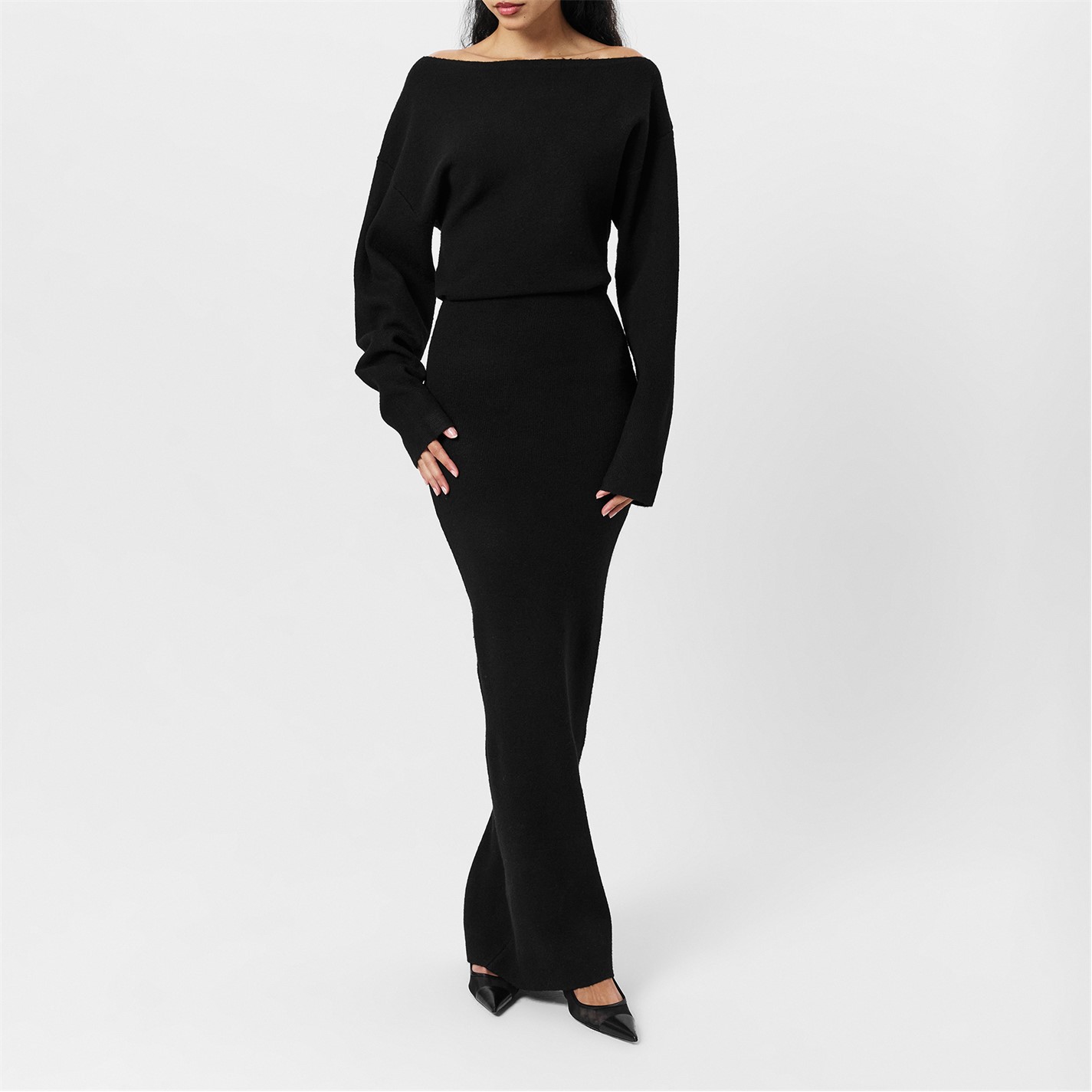 knit off shoulder sweater maxi dress nakd NAKED WARDROBE | Knit Off-Shoulder Sweater Maxi Dress | Black