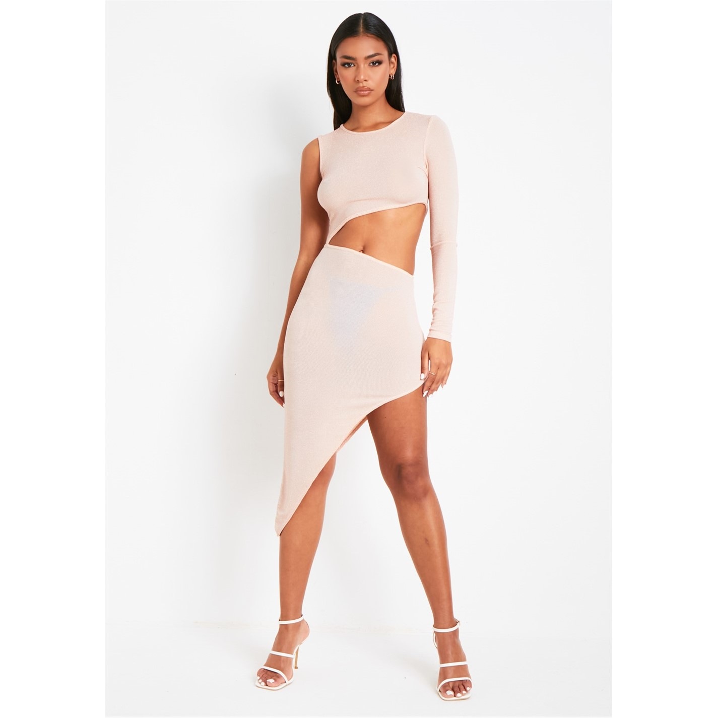 Missy Empire | One Shoulder Glitter Slinky Cut Out Midi Dress | Pink |  FRASERS Ireland