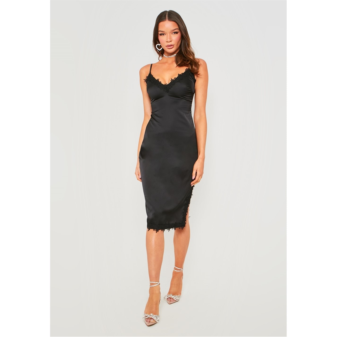 Missy Empire | Satin Midi Dress With Lace Split | Black | FRASERS Ireland