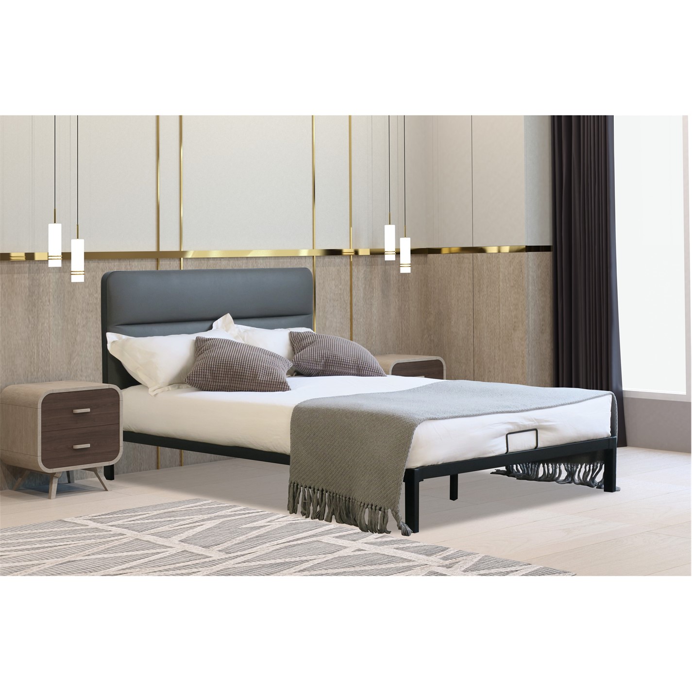 Comfy Living Black Metal Bed with Leather Headboard Beds House of