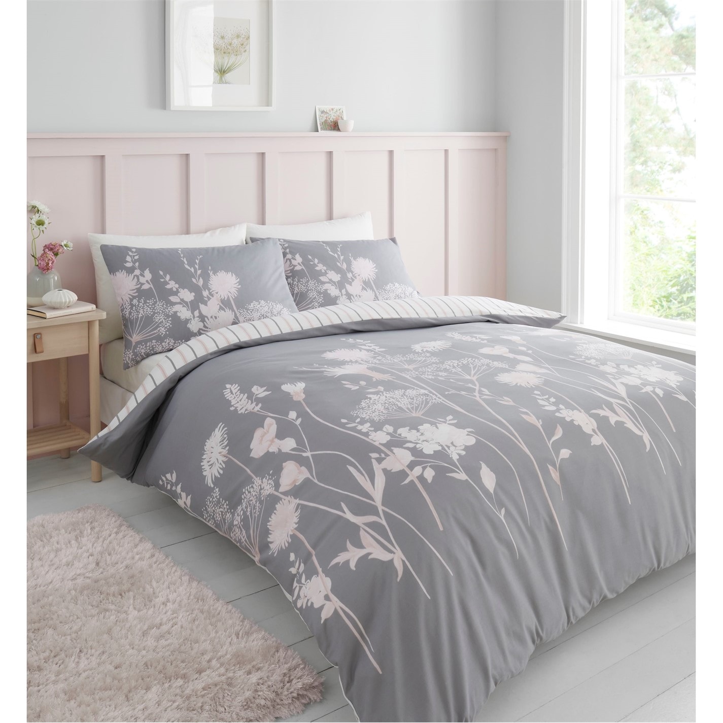 Catherine Lansfield Bedding Meadowsweet Floral Double Duvet Cover Set With Pillowcases White Grey