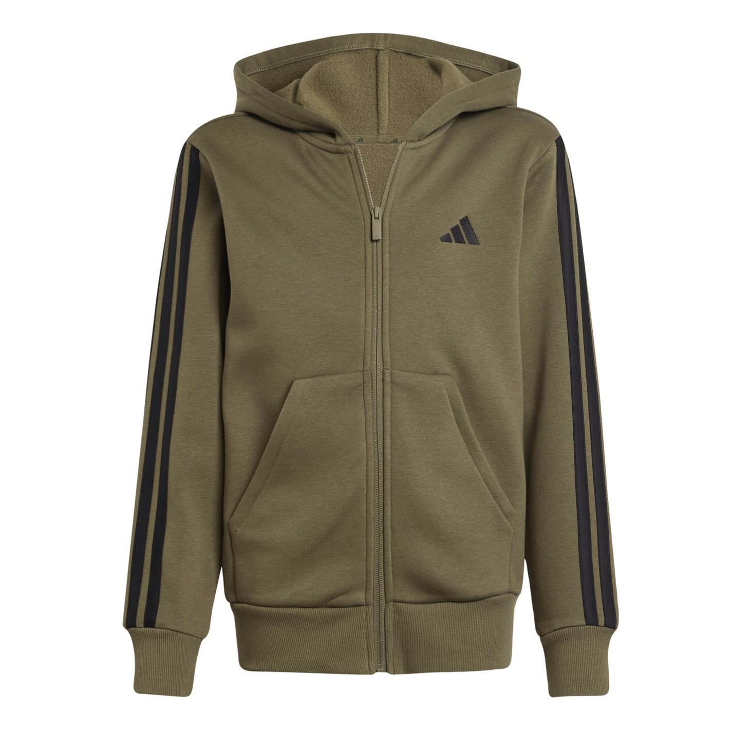 adidas 3-Stripe Essentials Full-Zip Hoodie Juniors Khaki/Black