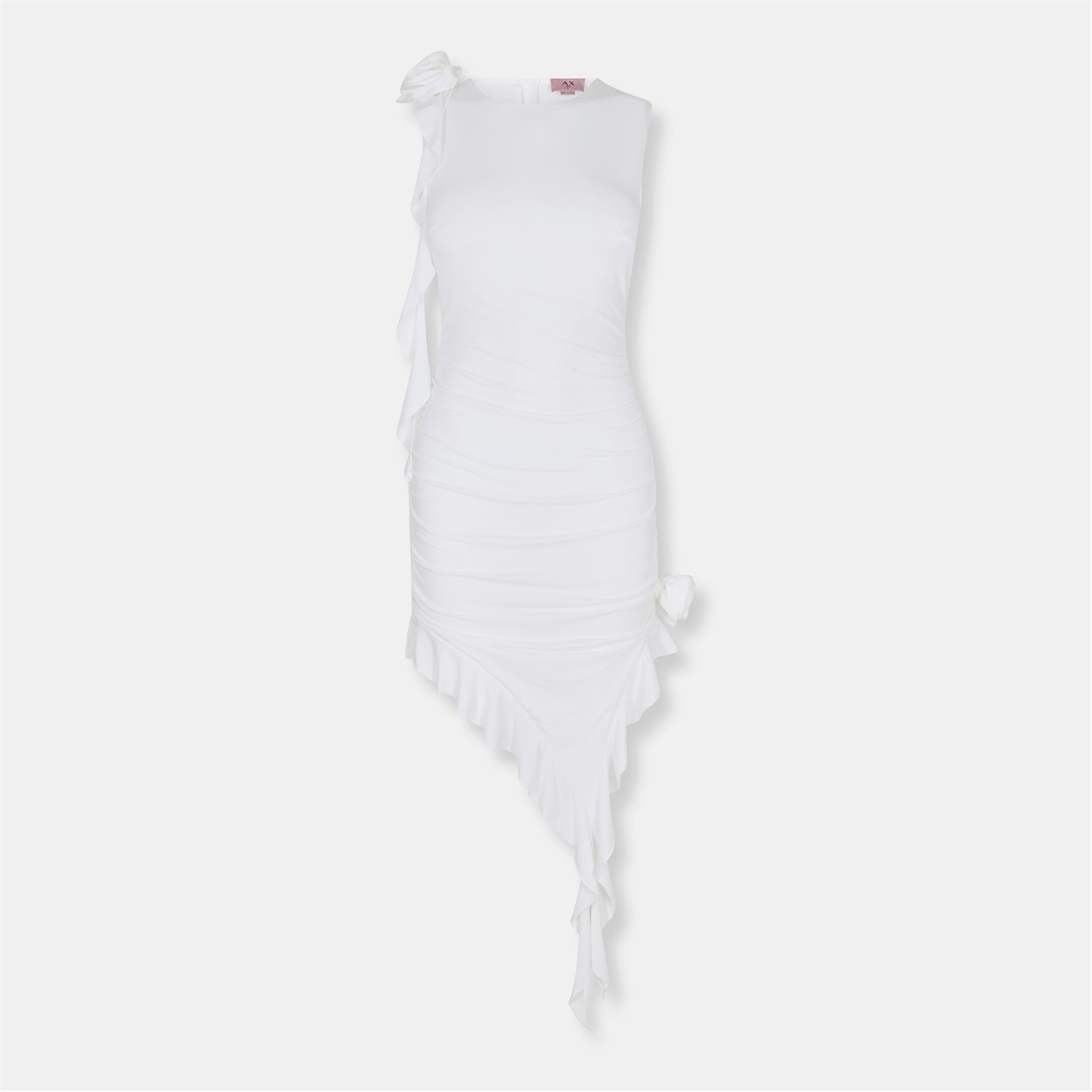 AX Paris | Cream Ruched Asymmetrical Frill Midi Dress With Flower Detail |  Cream | FRASERS Ireland