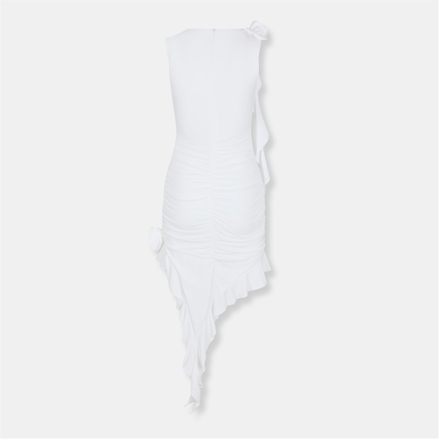 AX Paris | Cream Ruched Asymmetrical Frill Midi Dress With Flower Detail |  Cream