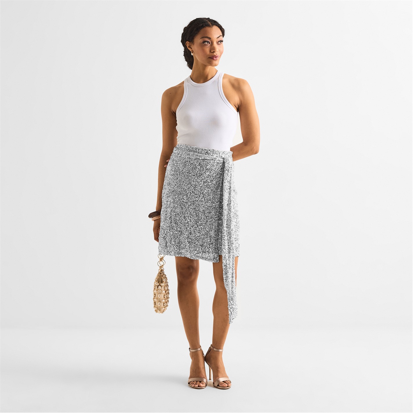 never fully dressed sequin mini skirt Never Fully Dressed Maeva Mini Skirt in Silver sequins with lace trim