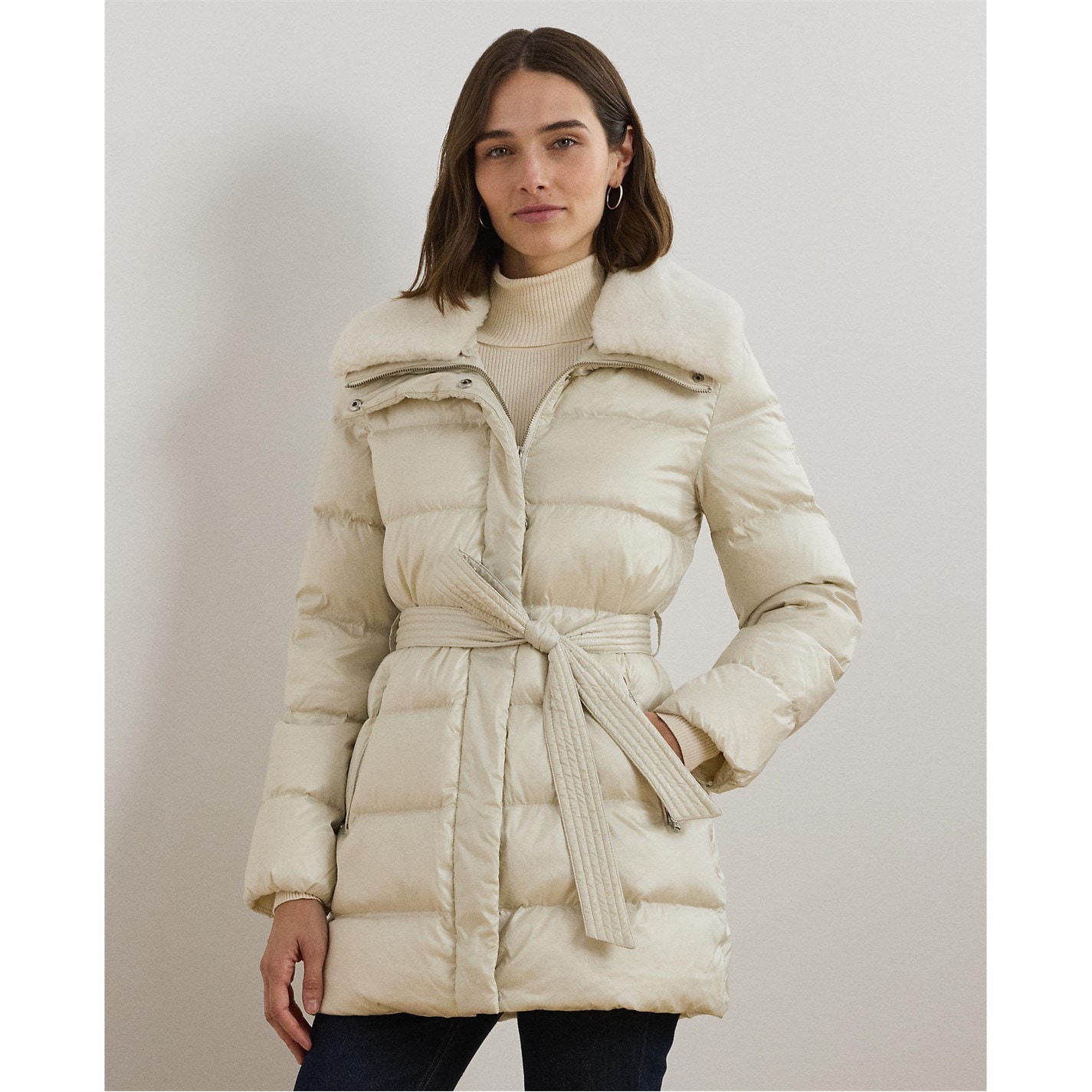 LAUREN BY RALPH LAUREN Women's Faux Shearling Trim Belted Wind