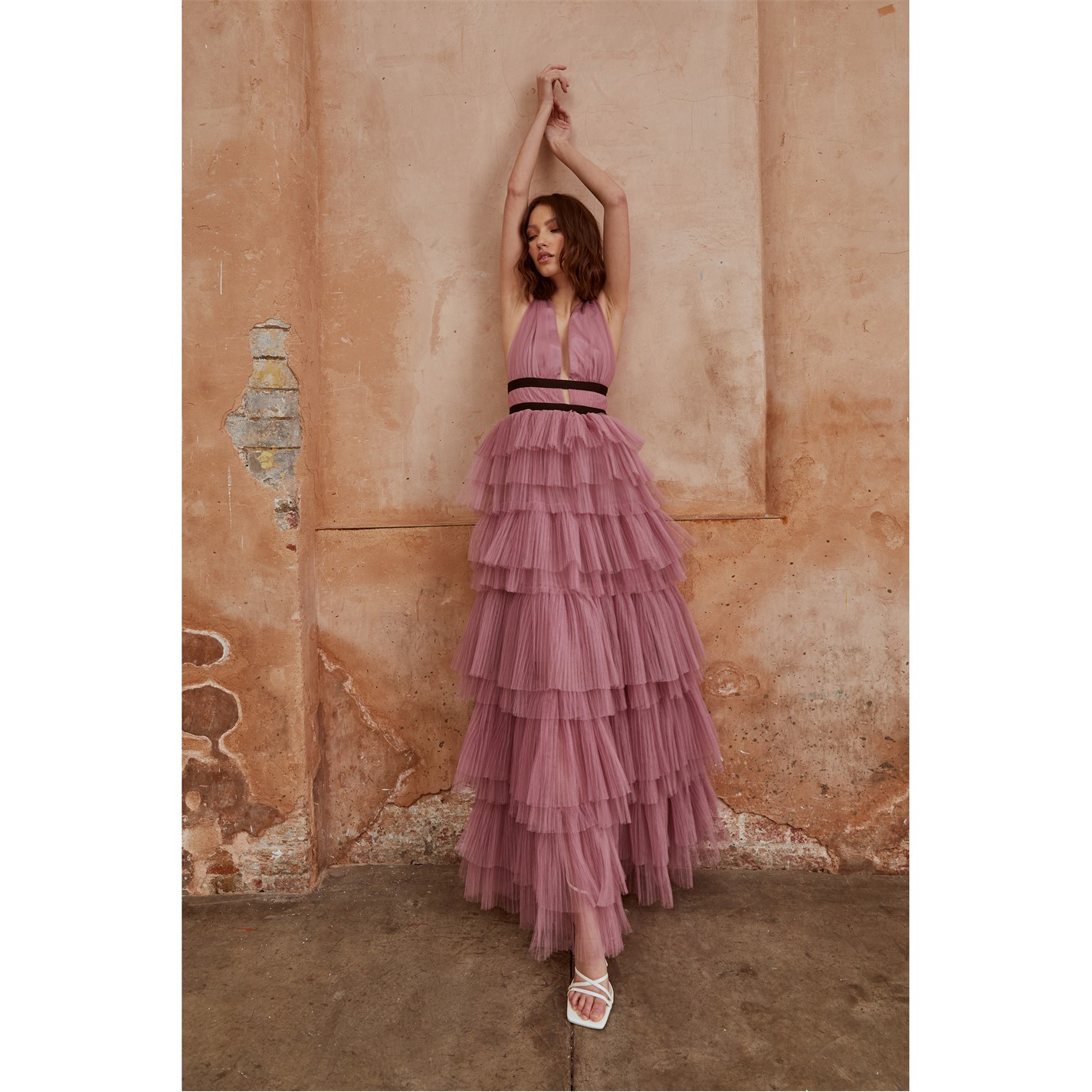 True Decadence Decadence Eliza Plunge Front Tulle Layered Maxi Dress