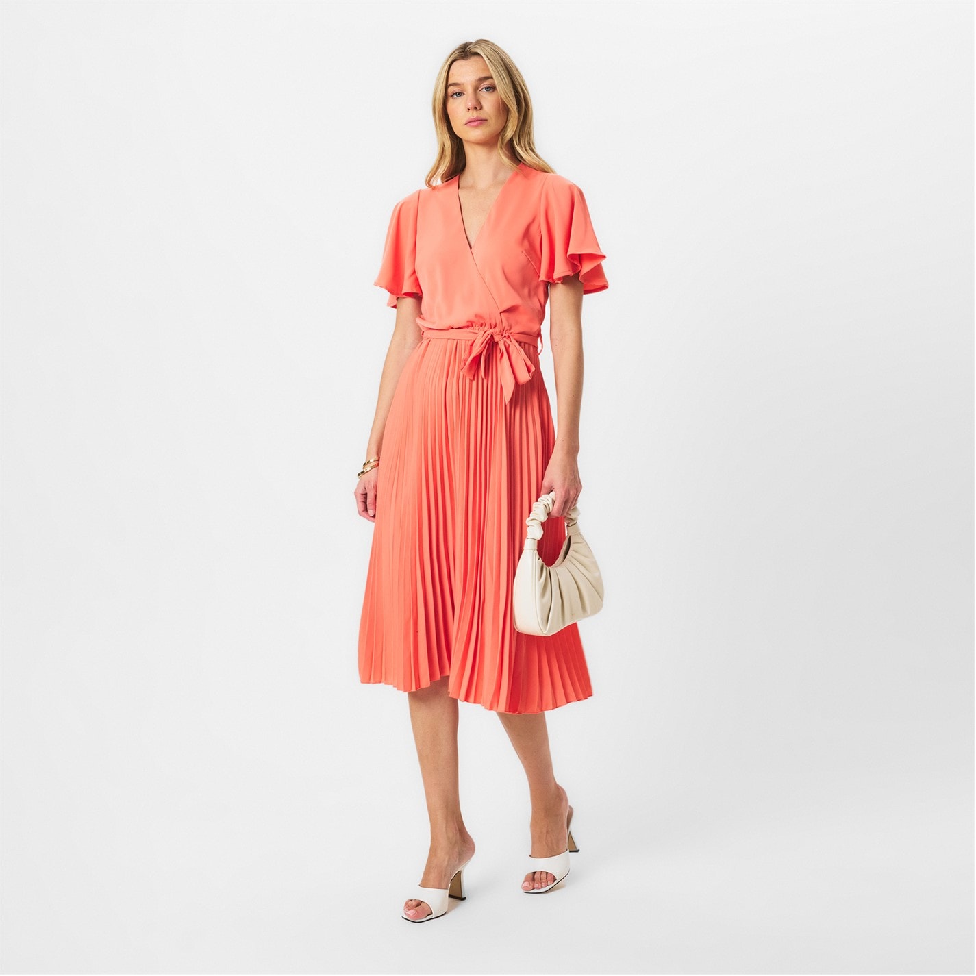 ax paris pleated dress Cream and Pink Floral Print One Shoulder Pleated Satin Midi Dress AX Paris