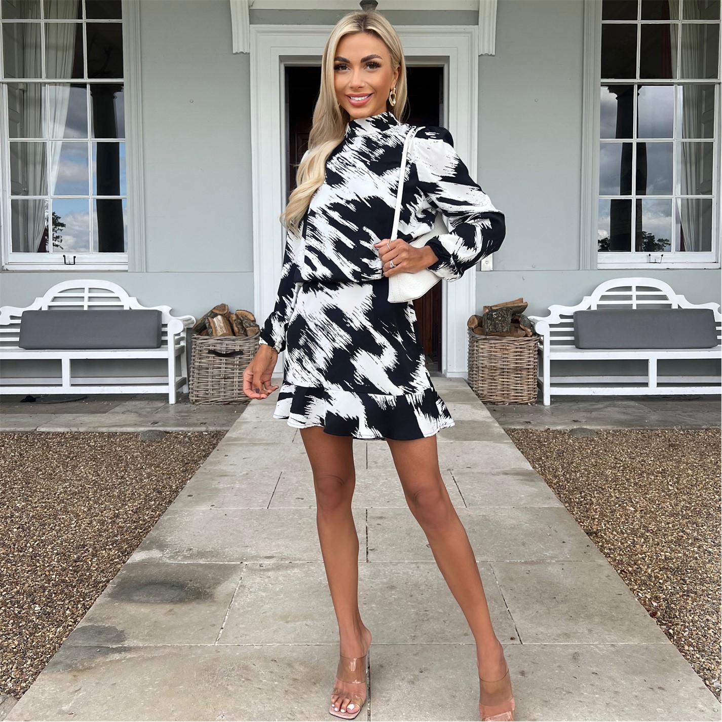 AX Paris | Black and White High Neck Long Sleeve Skater Dress | Black/White  | FRASERS Ireland