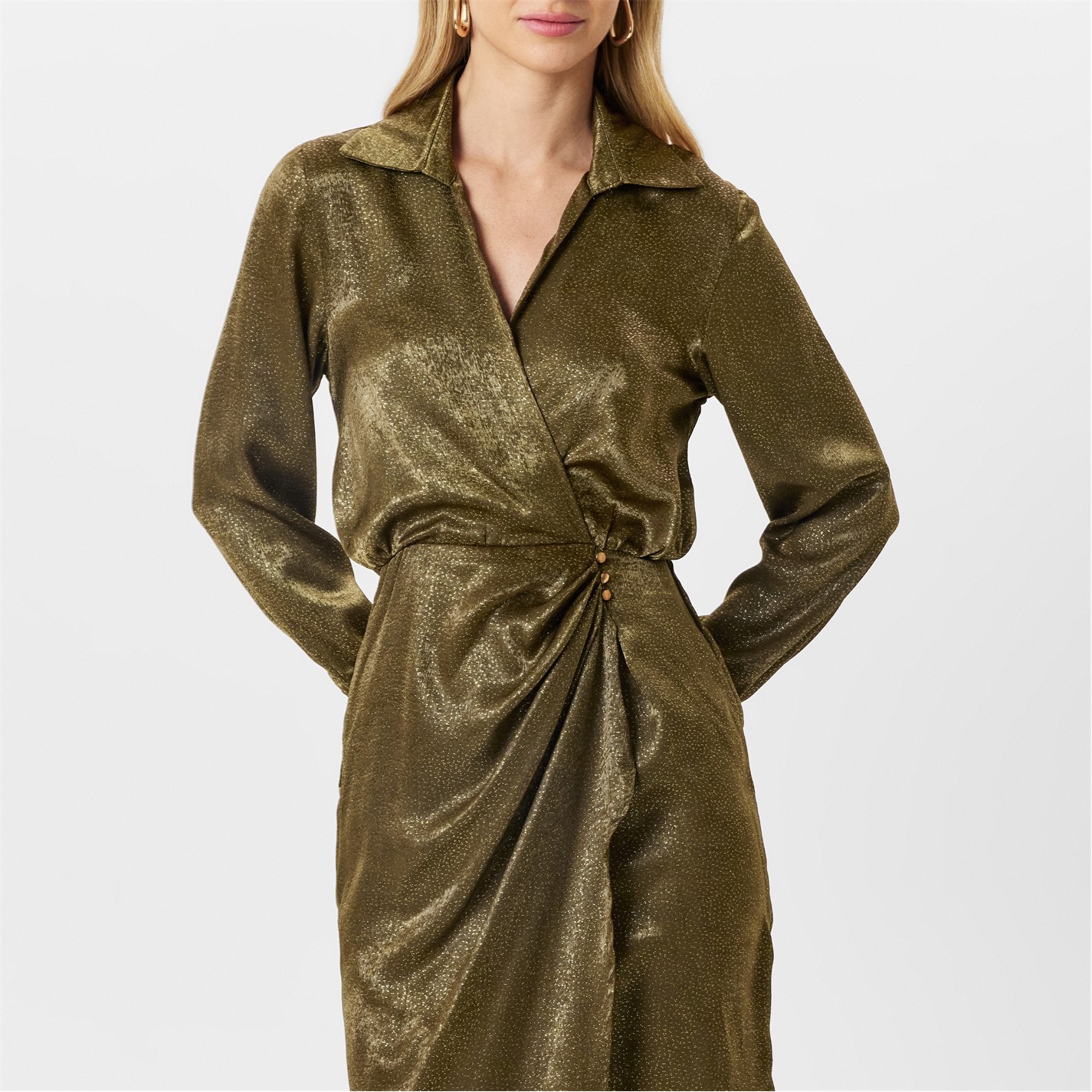 slim fit dress slacks Gold V-Neck Wrap Midi Dress – New York & Company main image 1