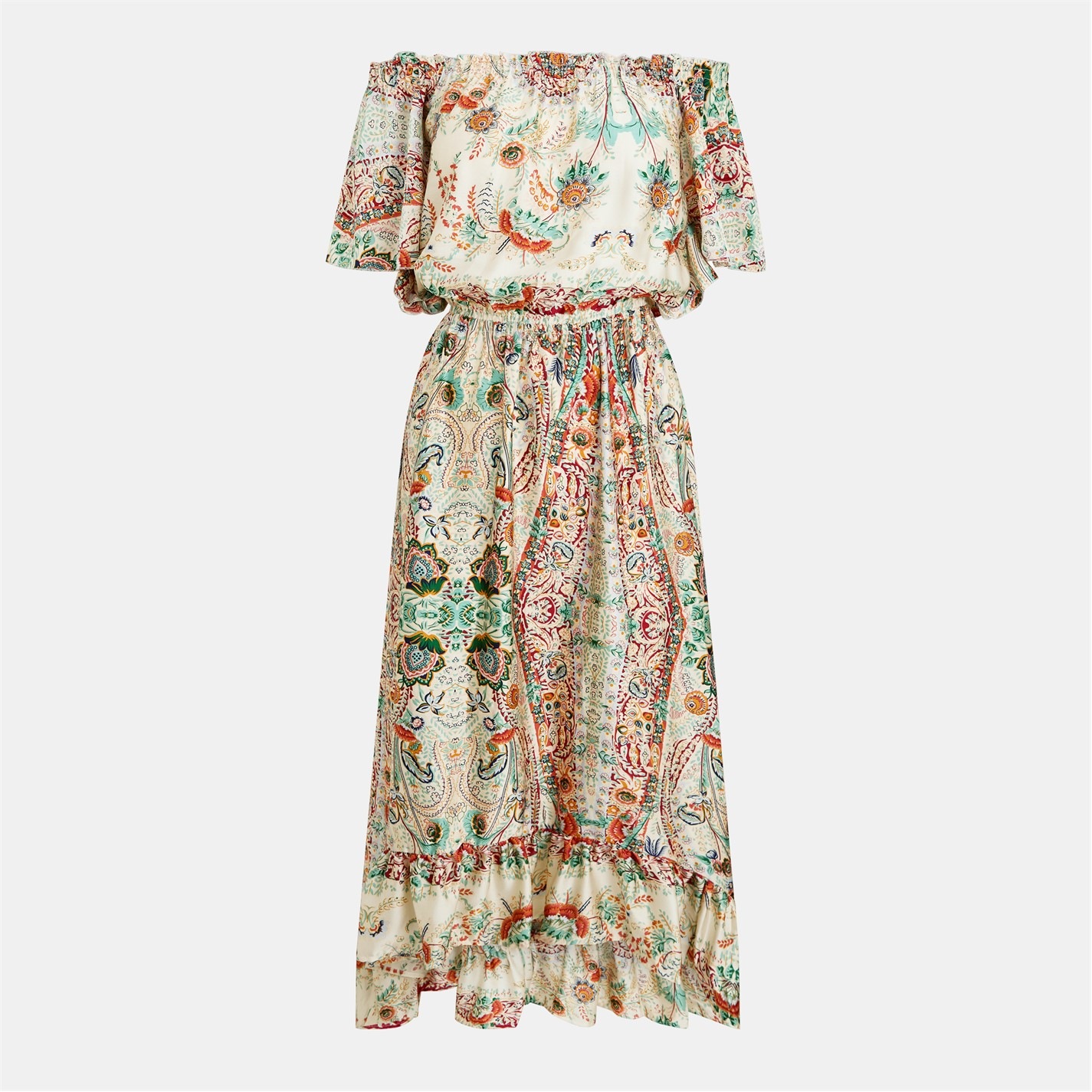 knee length dresses for ladies Blue And Cream Beach Print Bardot Frill Hem Midi Dress  AX Paris