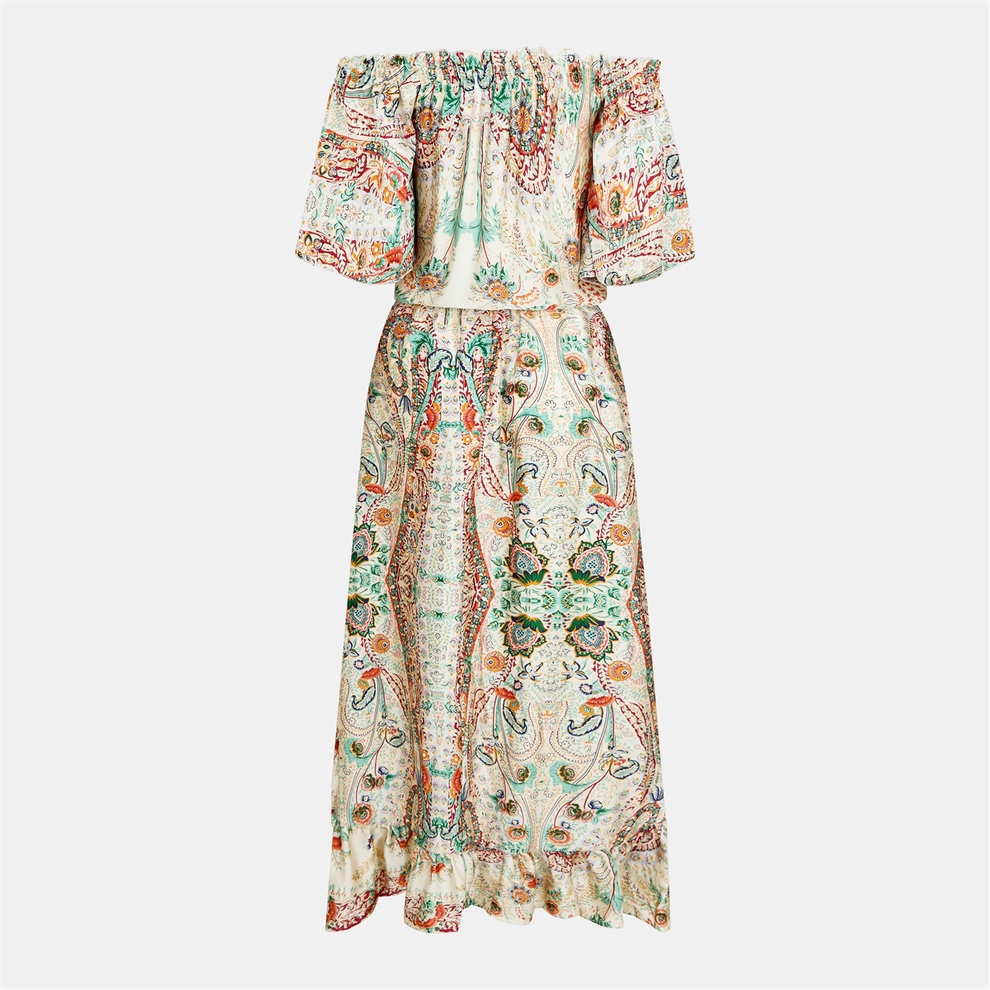 bardot frill hem midi dress Blue And Cream Beach Print Bardot Frill Hem Midi Dress 16
