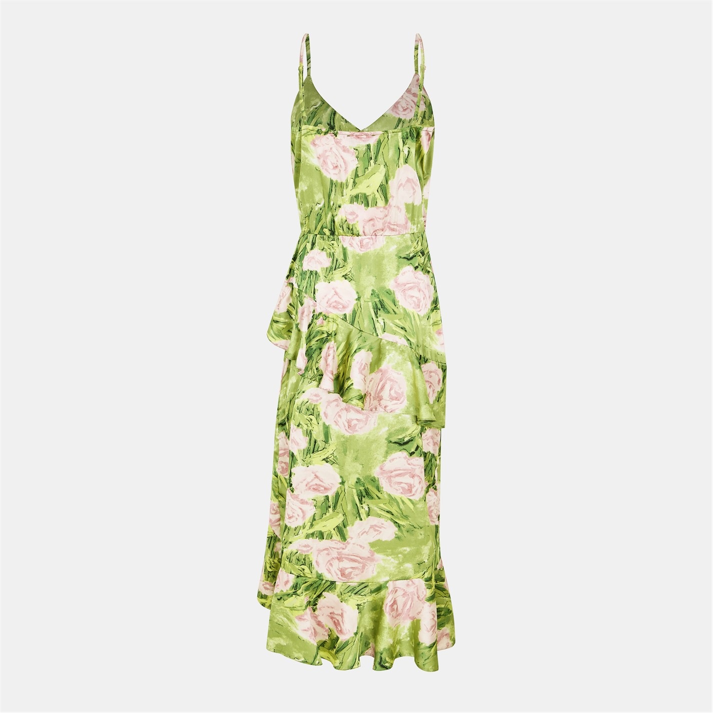 AX Paris | Green Floral Satin Ruffle Midi Dress | Green | FRASERS Ireland
