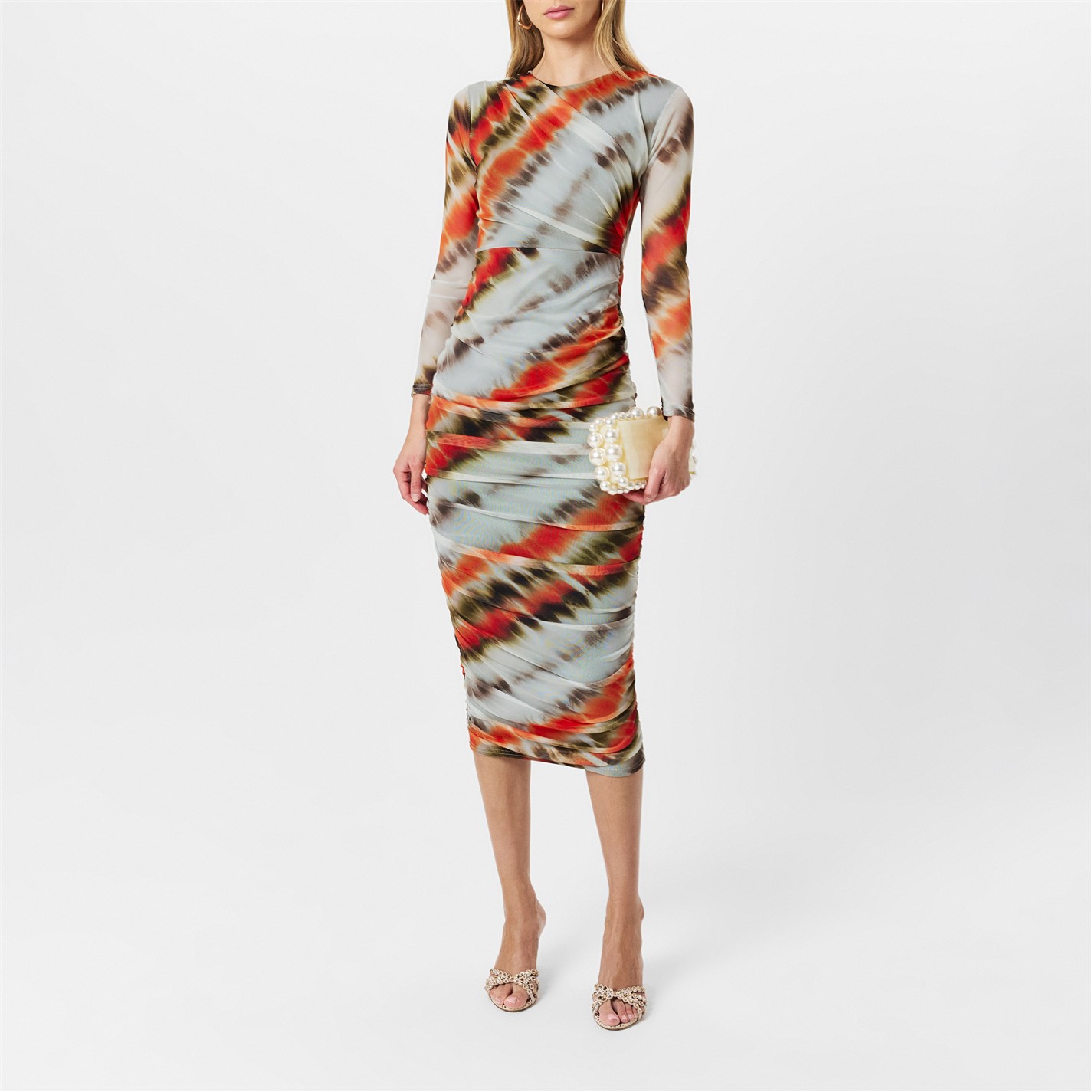 AX Paris | Cream And Orange Abstract Print Mesh Long Sleeve Bodycon Midi  Dress | Cream | FRASERS Ireland