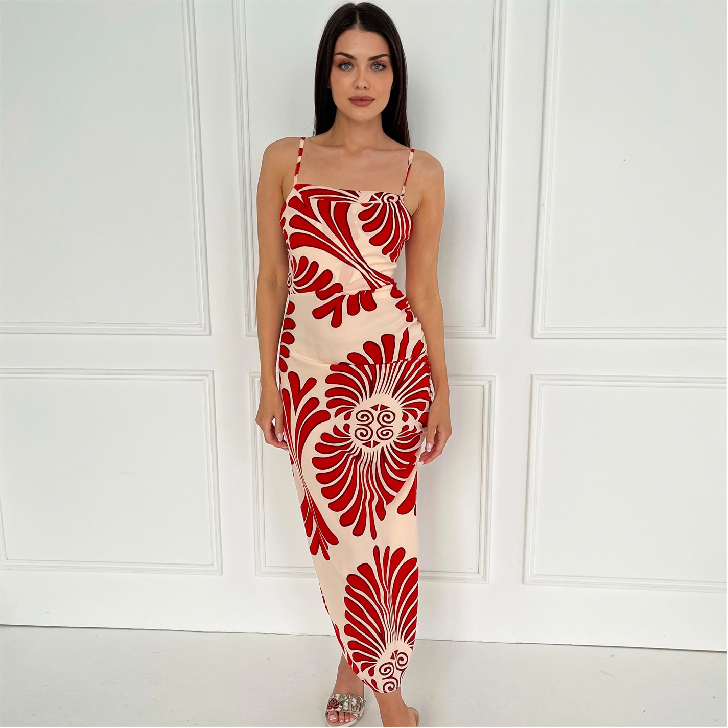 AX Paris Orange Abstract Print Cowl Neck Ruched Side Strappy