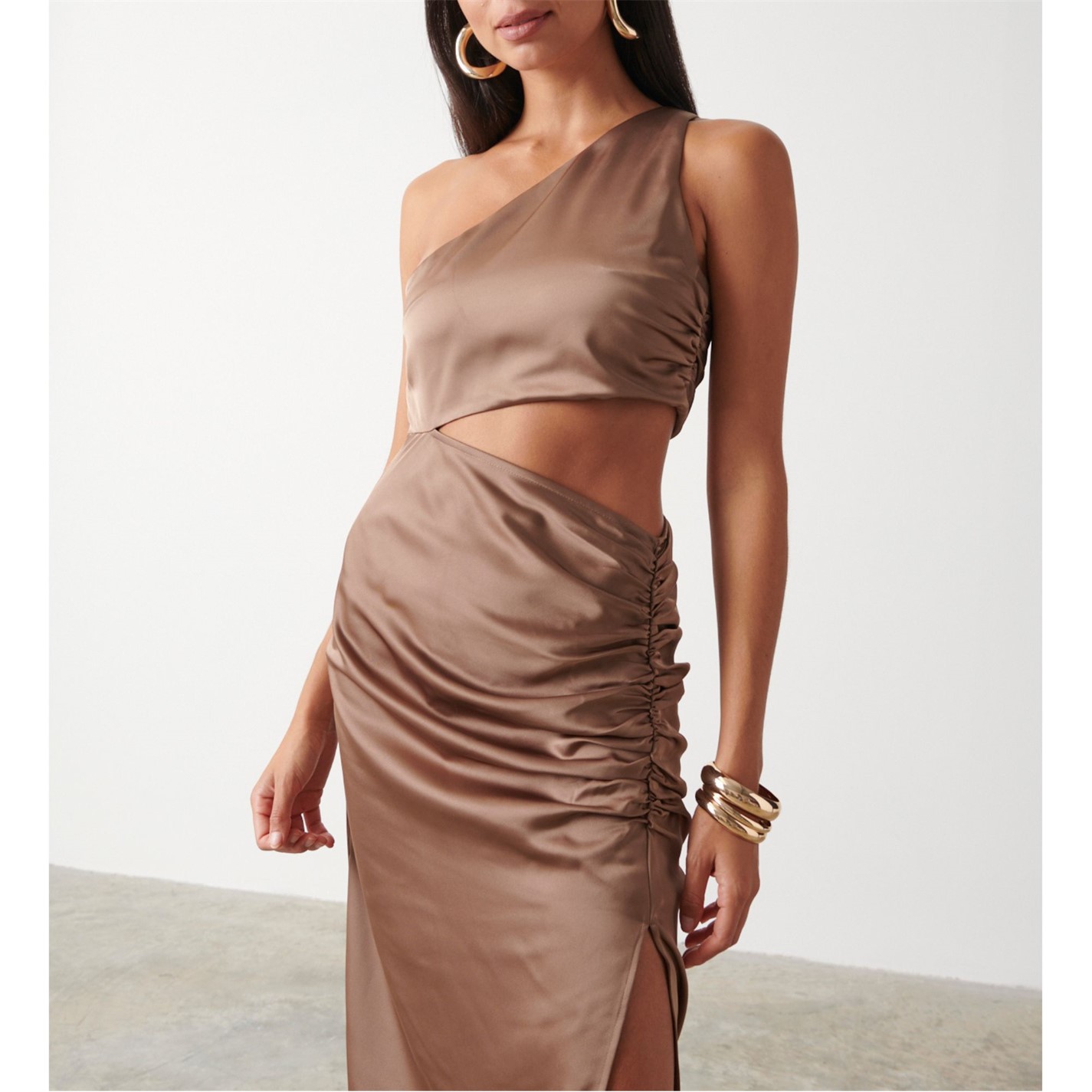 espresso brown maxi dress Inmaculada Brown Ruched Satin Maxi Dress (Without Gloves) main image 0