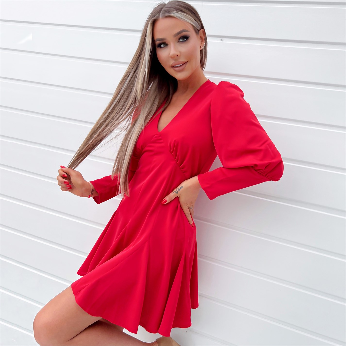 red skater dress v neck V-Neck Skater Dresses