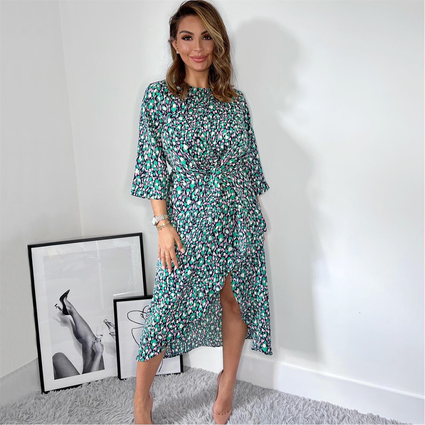 AX Paris | Navy Green And Pink Printed Wrap Tie Front Midi Dress | Navy