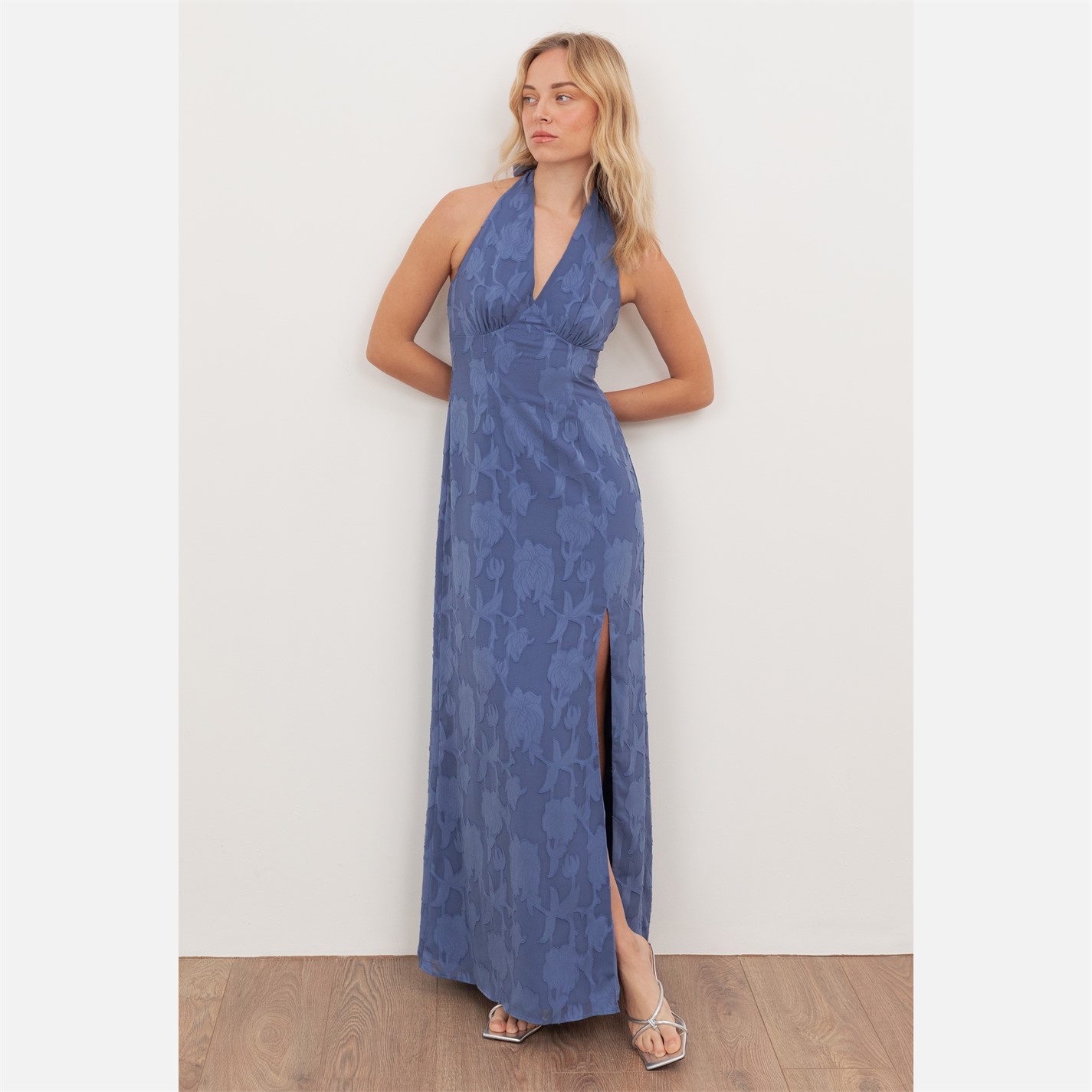 sachin and babi light blue dress Flirt Frill Trim Halter Maxi Dress Blush Selfie Leslie