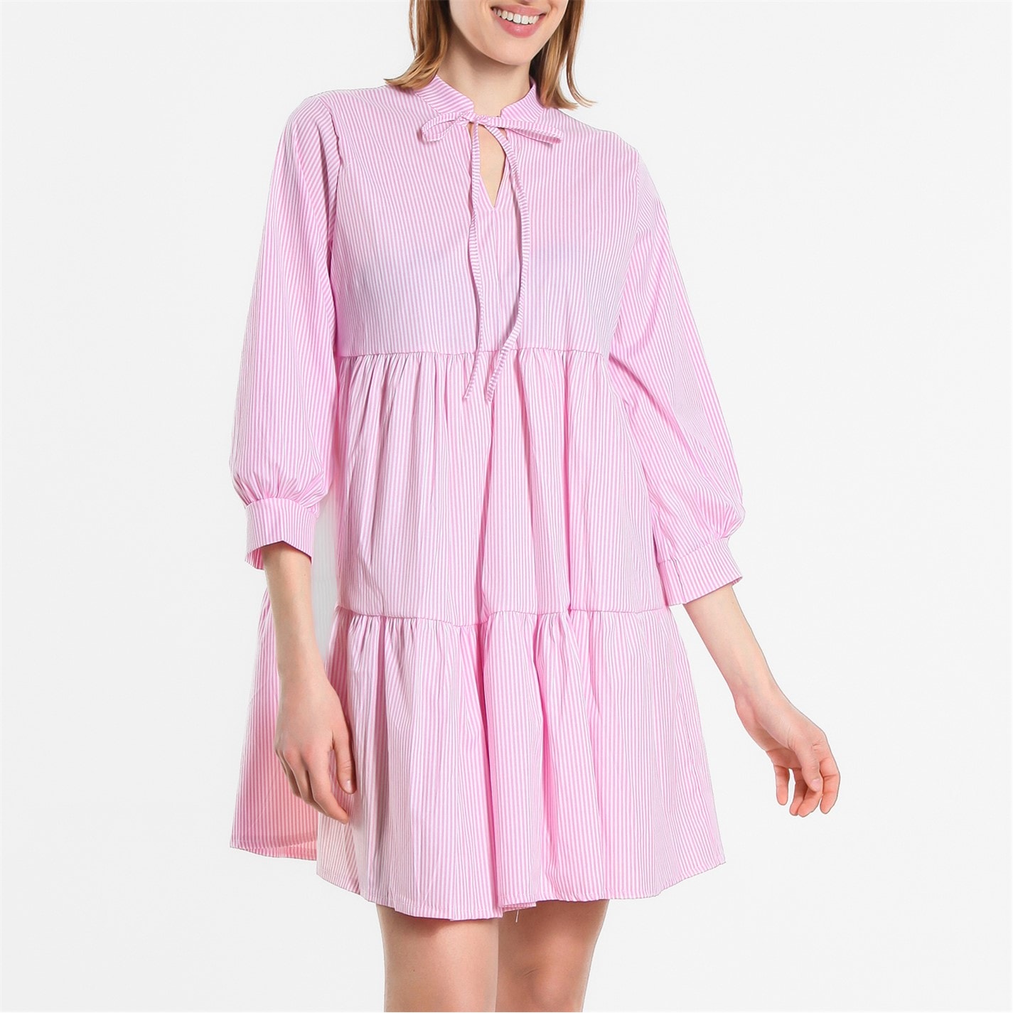 Short Side Strik Spots Dress - Pink/White