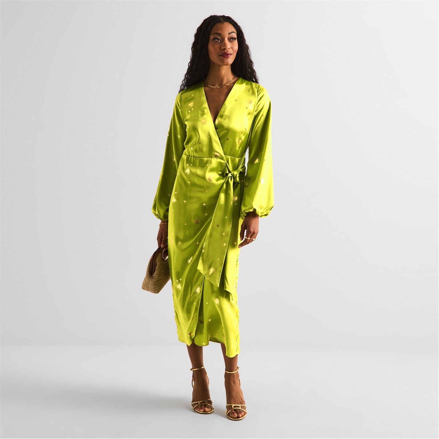never fully dressed green wrap dress Rent Never Fully Dressed Satin Wrap Midi Dress In Pastel Gold Mix main image 0