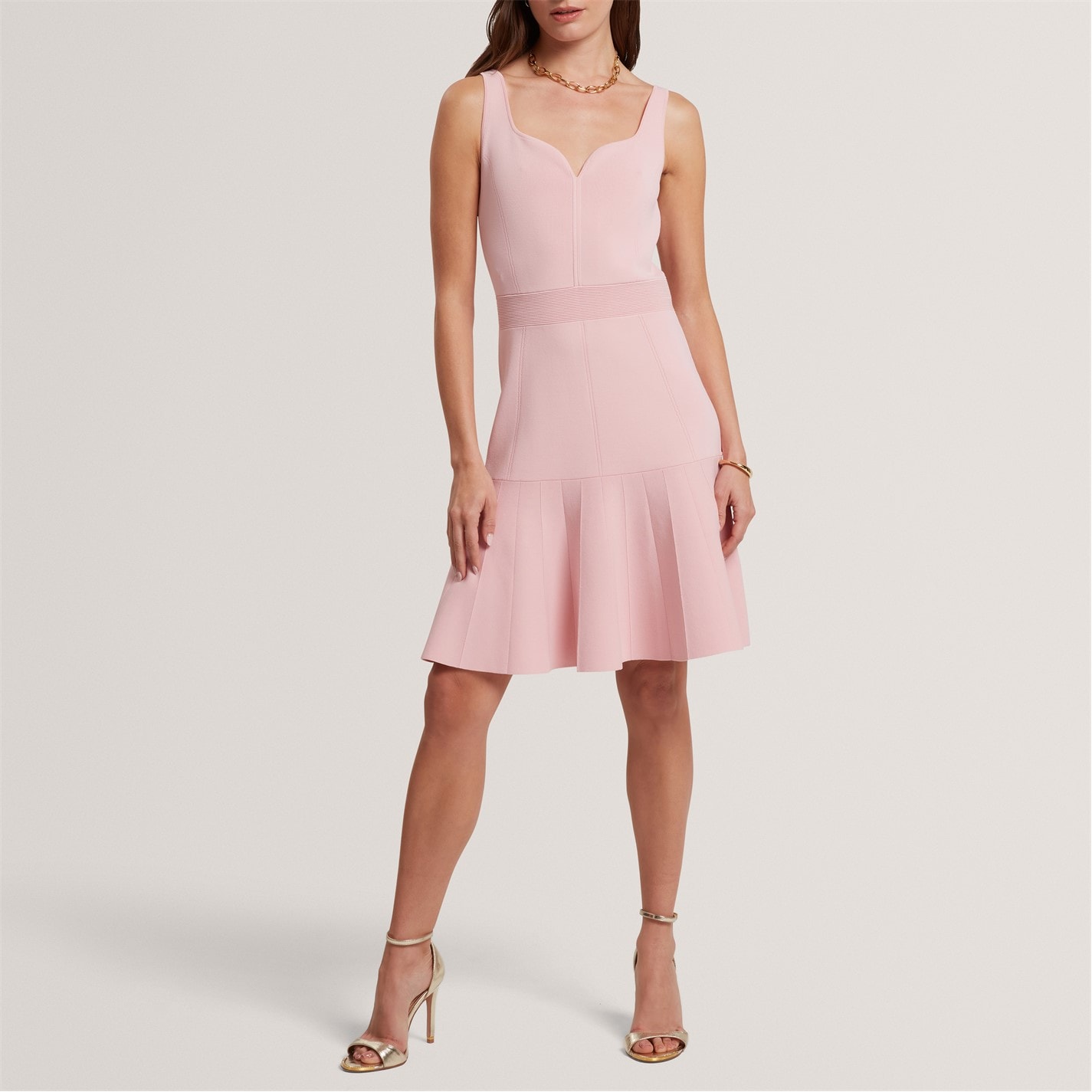 ted baker skater dress Metallic Knit Sheer Panel | Saalli Crafted from a luxurious knit fabric Sleeveless Dresses Ted Baker Knitted