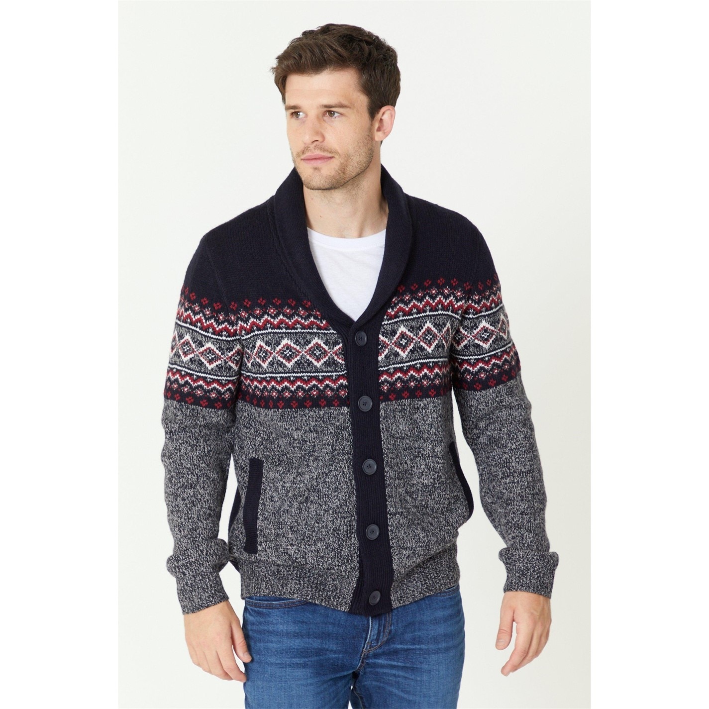 Studio Fairisle Navy Shawl Neck Cardigan Navy Frasers