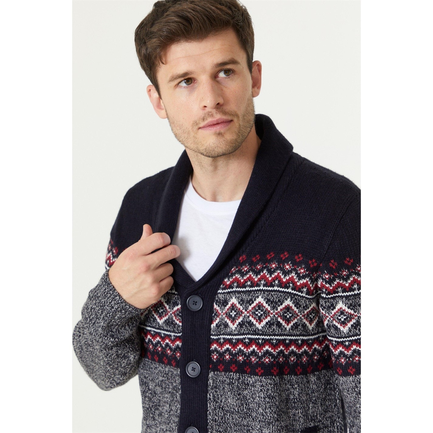 Studio Fairisle Navy Shawl Neck Cardigan Navy Frasers