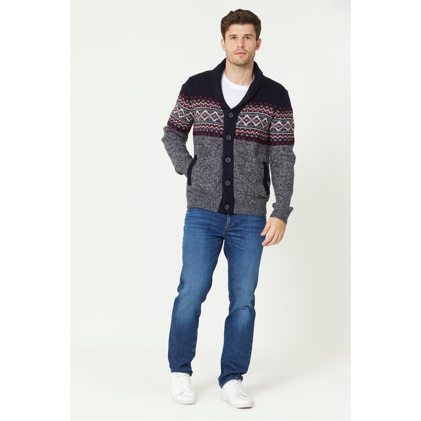 Studio Fairisle Navy Shawl Neck Cardigan Navy Frasers