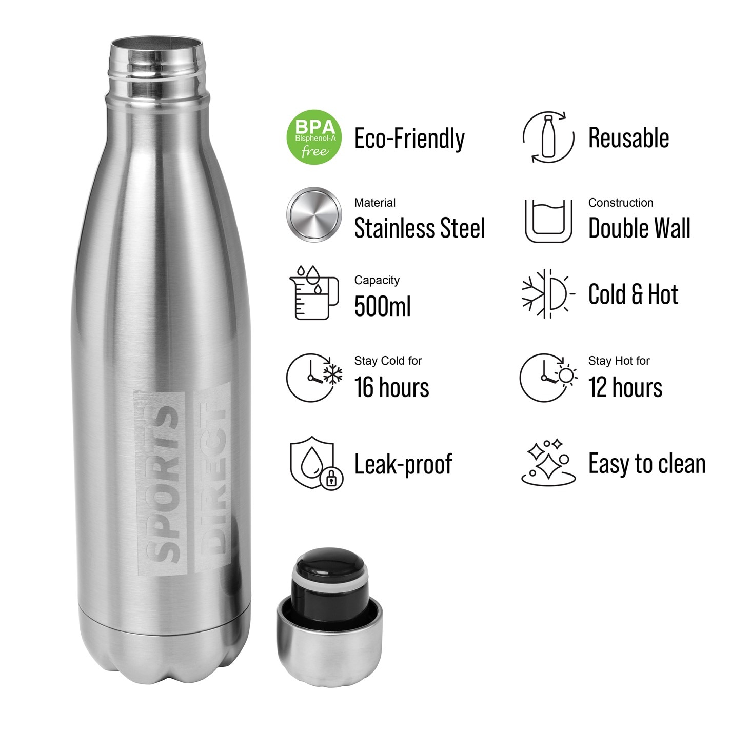 Sports Direct Stainless Steel Insulated Water Bottle Grey