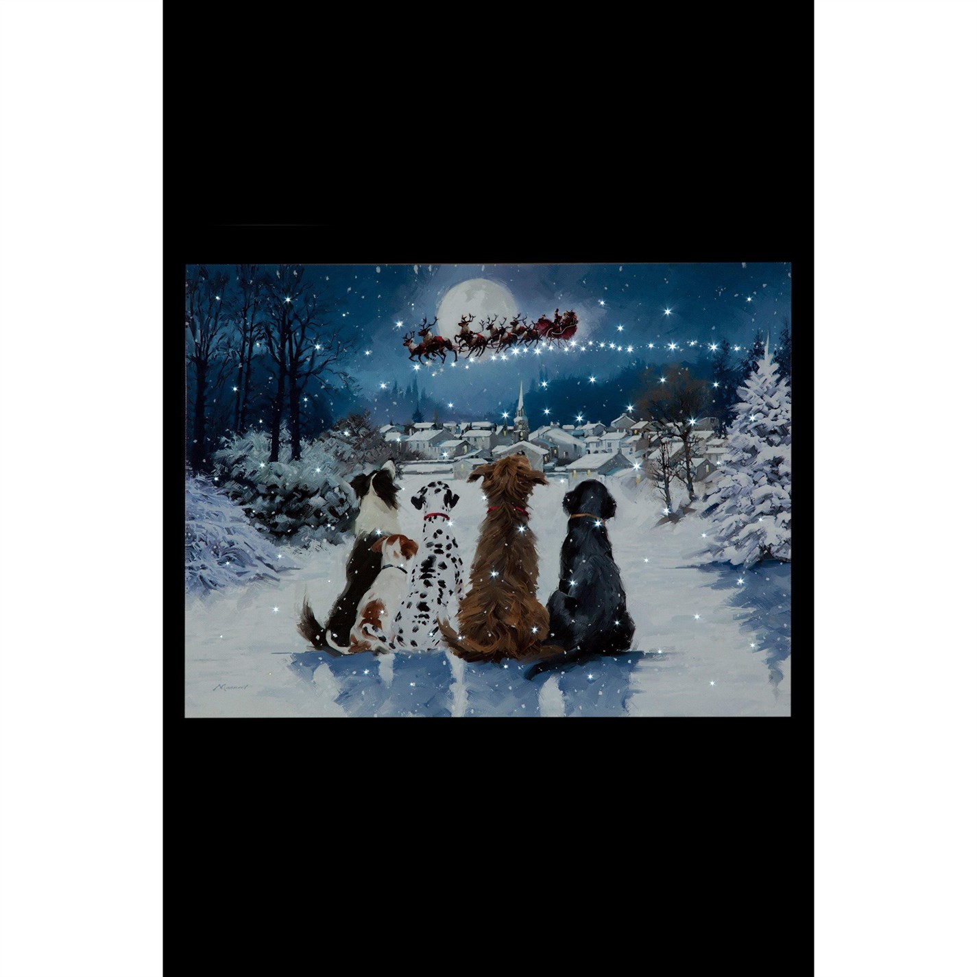 Snowtime Fibre Optic Dogs Watching Santa Lit Canvas Multi House