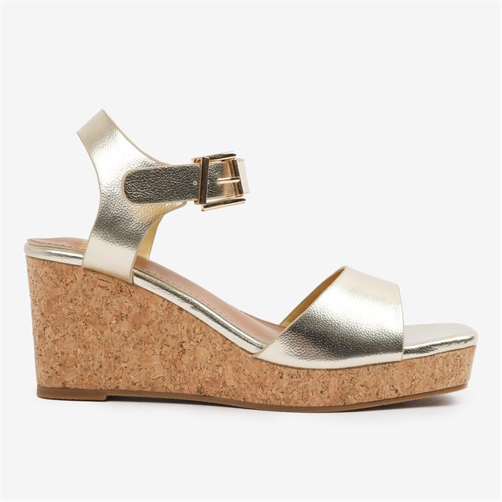 Wheres That From Women's Gold Pu Giselle Wedge Sandals With Buckle-Ankle-Str Size 7