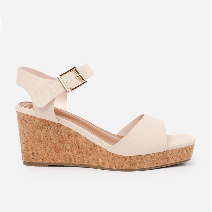 Wheres That From Women's Cream Pu Giselle Wedge Sandals With Buckle-Ankle-St Size 8
