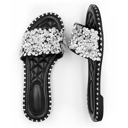 Wheres That From - Black Belle Diamante Sparkly Flat Sliders