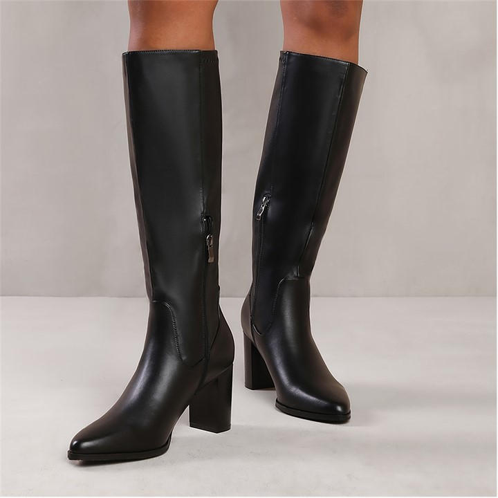 Wheres That From Women's Black Hawthorn Block Heel Knee High Boots With Stitch De Size 8