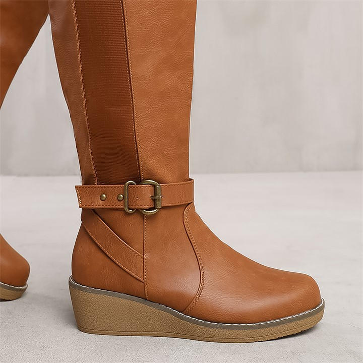 Wheres That From Ayleen Wide Calf Wedge Heel Knee High Boots With E - TanPU