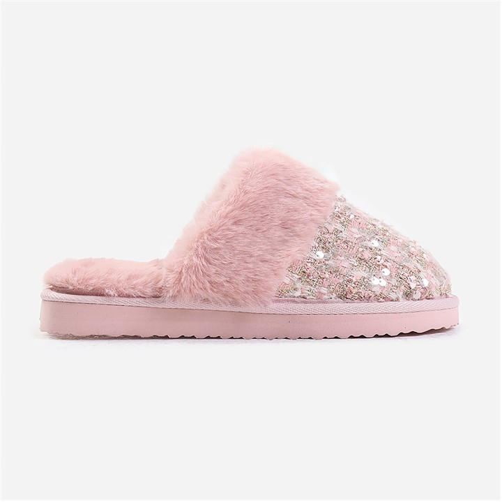 Wheres That From Women's Pinkgold Cozy Slip On Sequin Slippers With Fur Trim In Pink Size 4