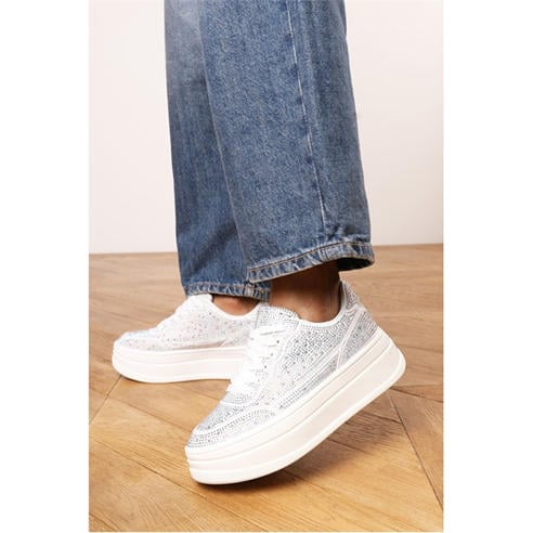 Wheres That From - Wedge Lace Up Trainer with Diamante Detail