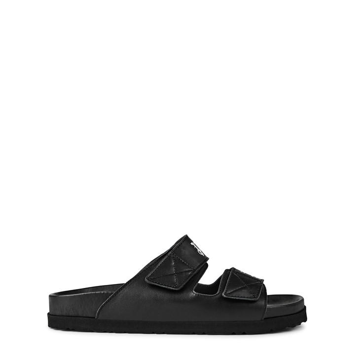 Palm Angels Leather Slides With Logo In Black