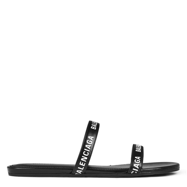 Balenciaga Logo Lettering Leather Flat Sandals In Black White
