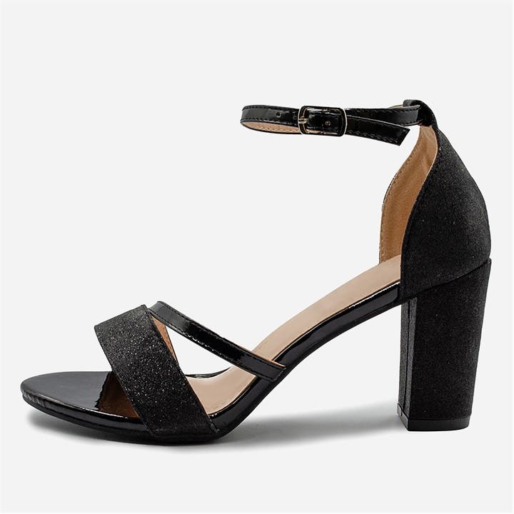 Where's That From Glitter Perla Mid Block Heel Sandals Ladi In Black